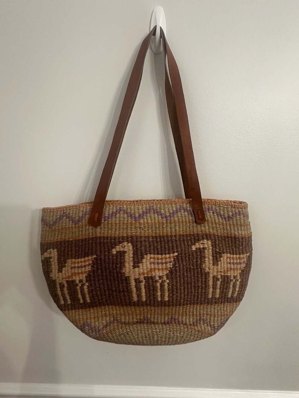 Vintage Bag Bazaar Woven Straw Tote Bag with Camel Motif and Leather Straps